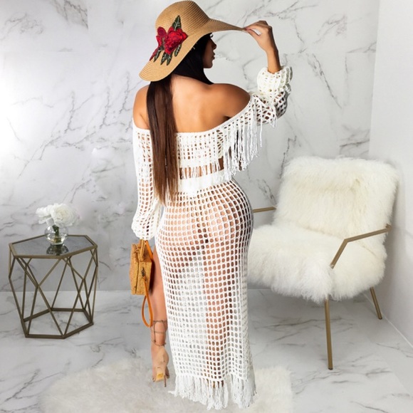 Beach Cover Up Crochet Fringes Maxi Skirt Set - Picture 2 of 5